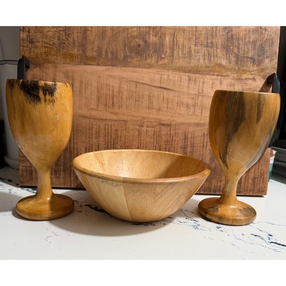 Hand Turned Wooden Goblets Pair and Segmented Wood Bowl Rustic Farmhouse Set